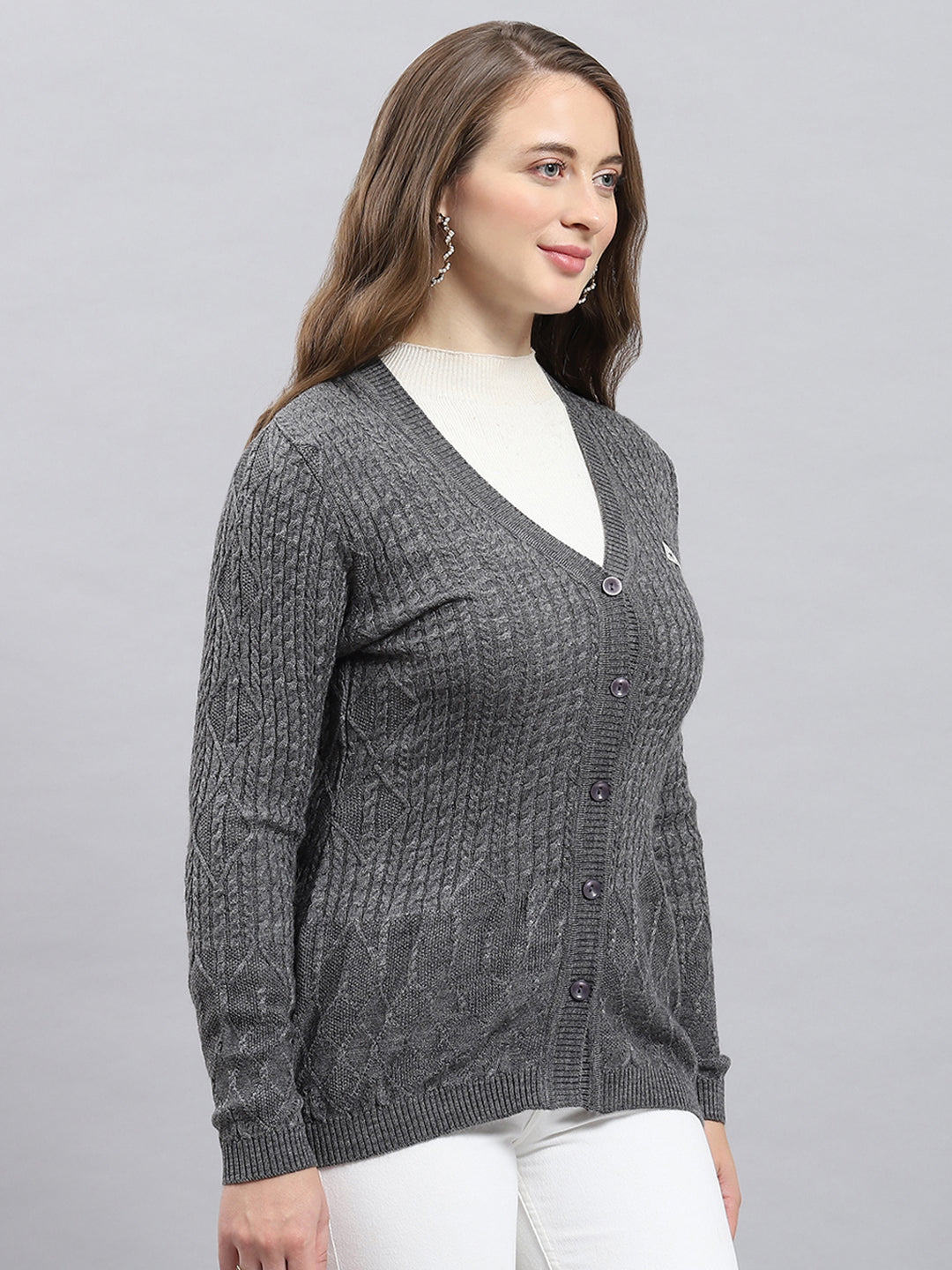 Women Grey Self Design V Neck Full Sleeve Cardigan