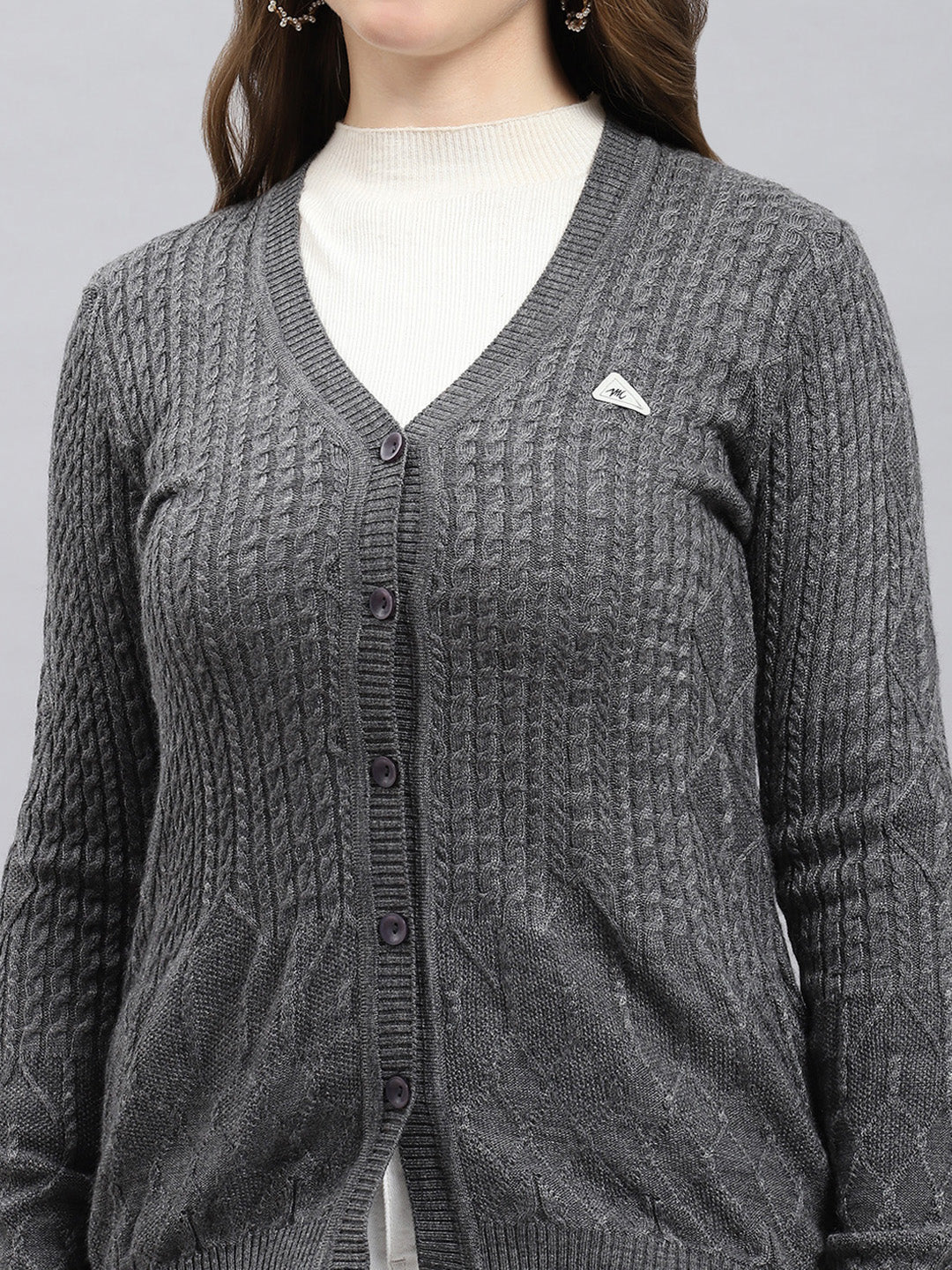 Women Grey Self Design V Neck Full Sleeve Cardigan