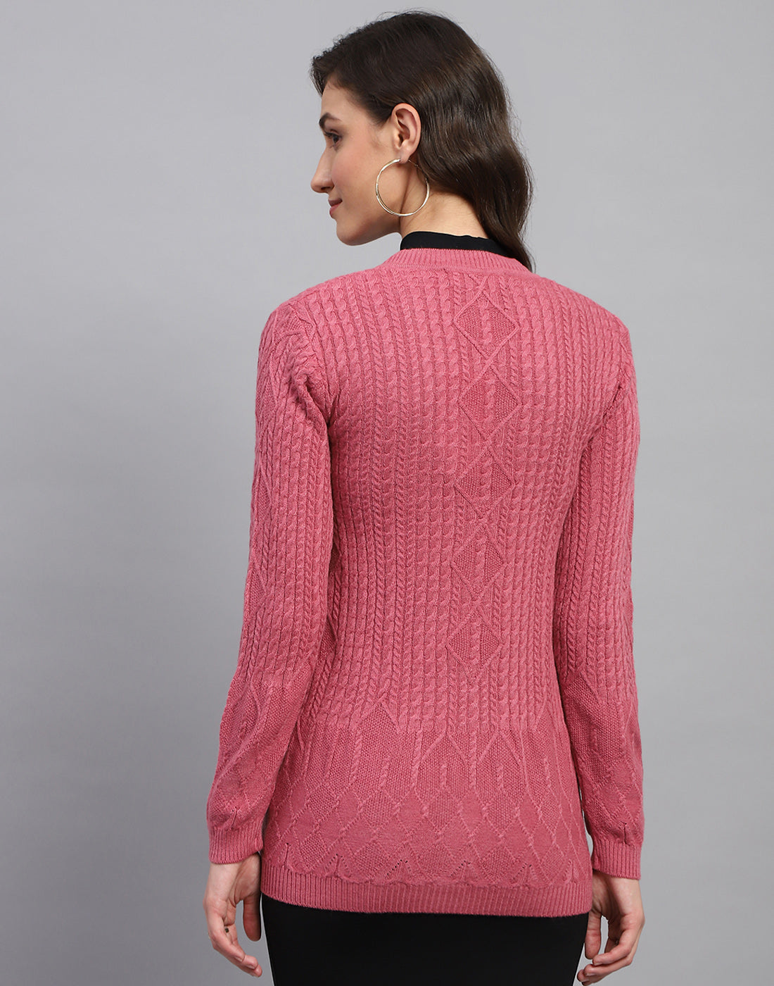 Women Pink Self Design V Neck Full Sleeve Cardigan