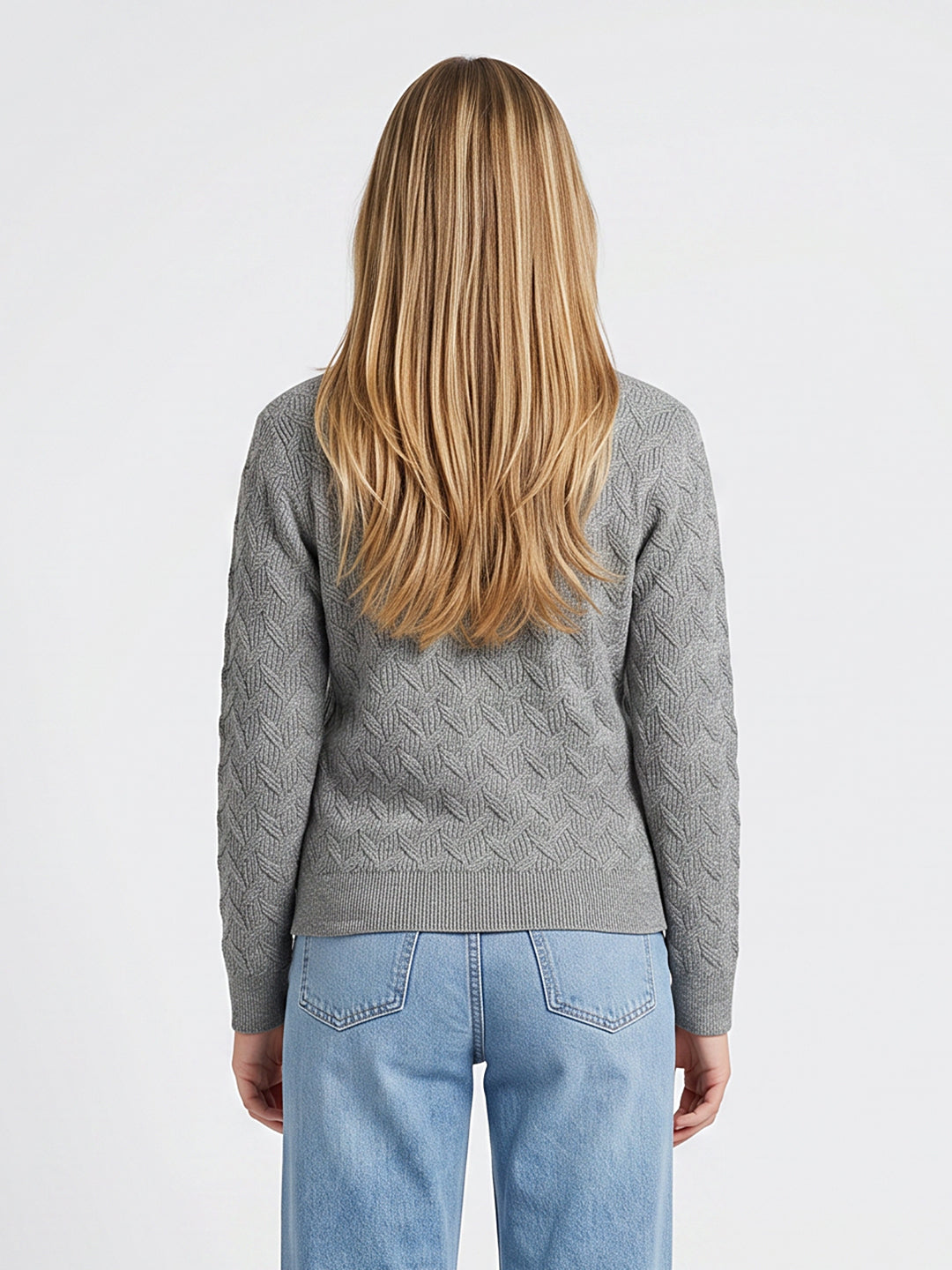 Women Grey Self Design V Neck Full Sleeve Cardigan