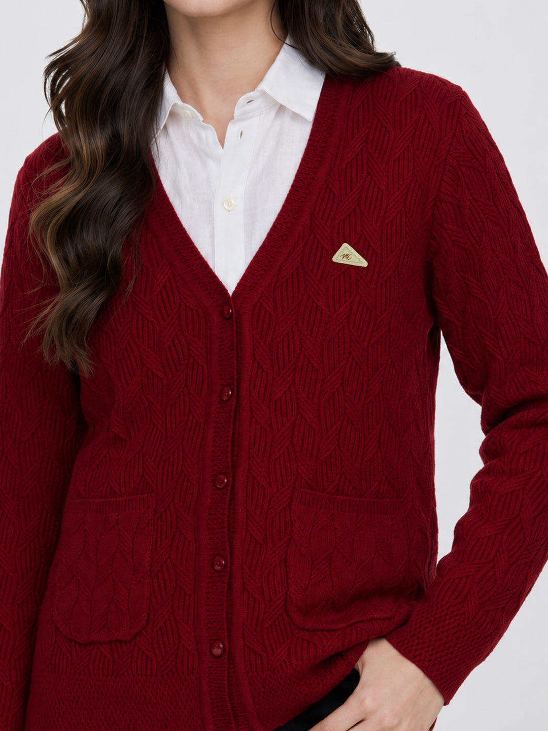 Women Red Self Design V Neck Full Sleeve Cardigan