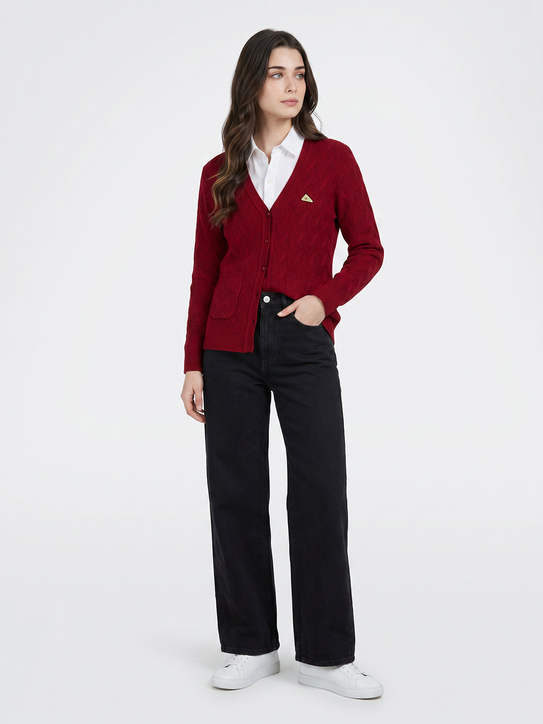 Women Red Self Design V Neck Full Sleeve Cardigan