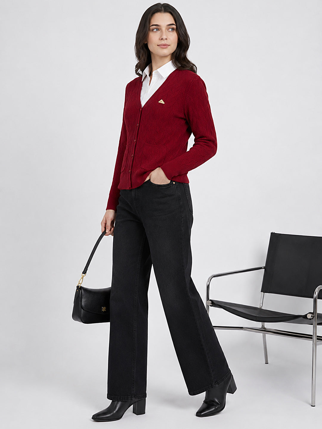 Women Red Self Design V Neck Full Sleeve Cardigan