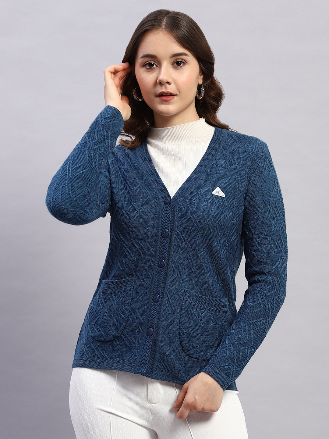 Women Blue Self Design V Neck Full Sleeve Cardigan