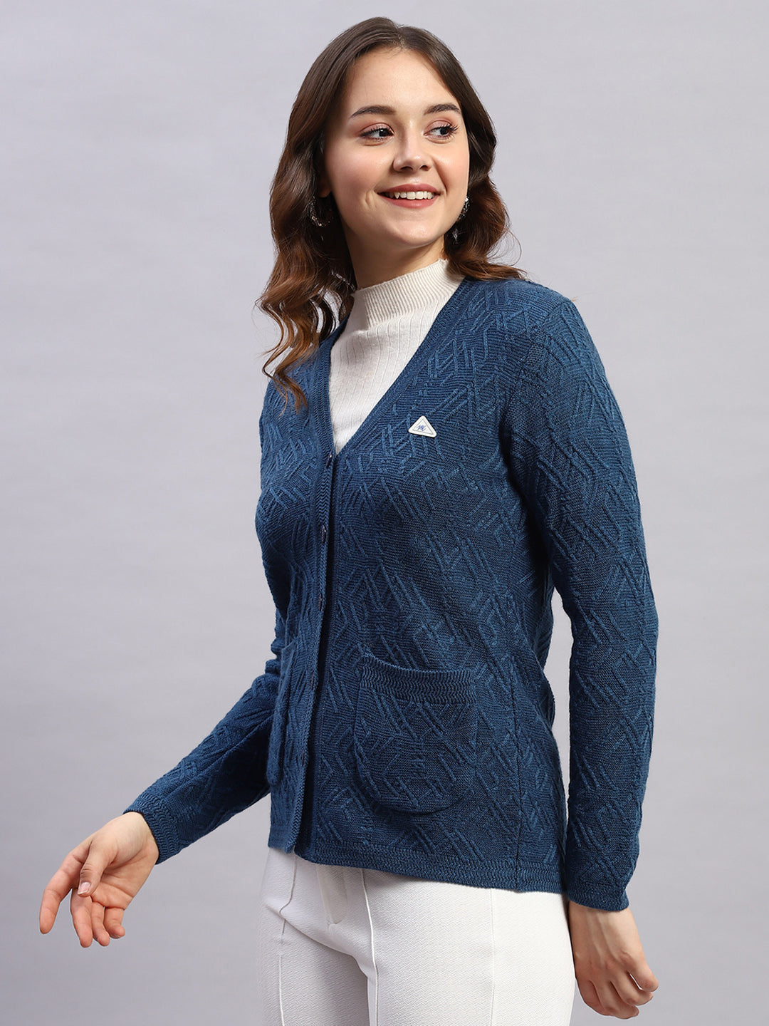 Women Blue Self Design V Neck Full Sleeve Cardigan