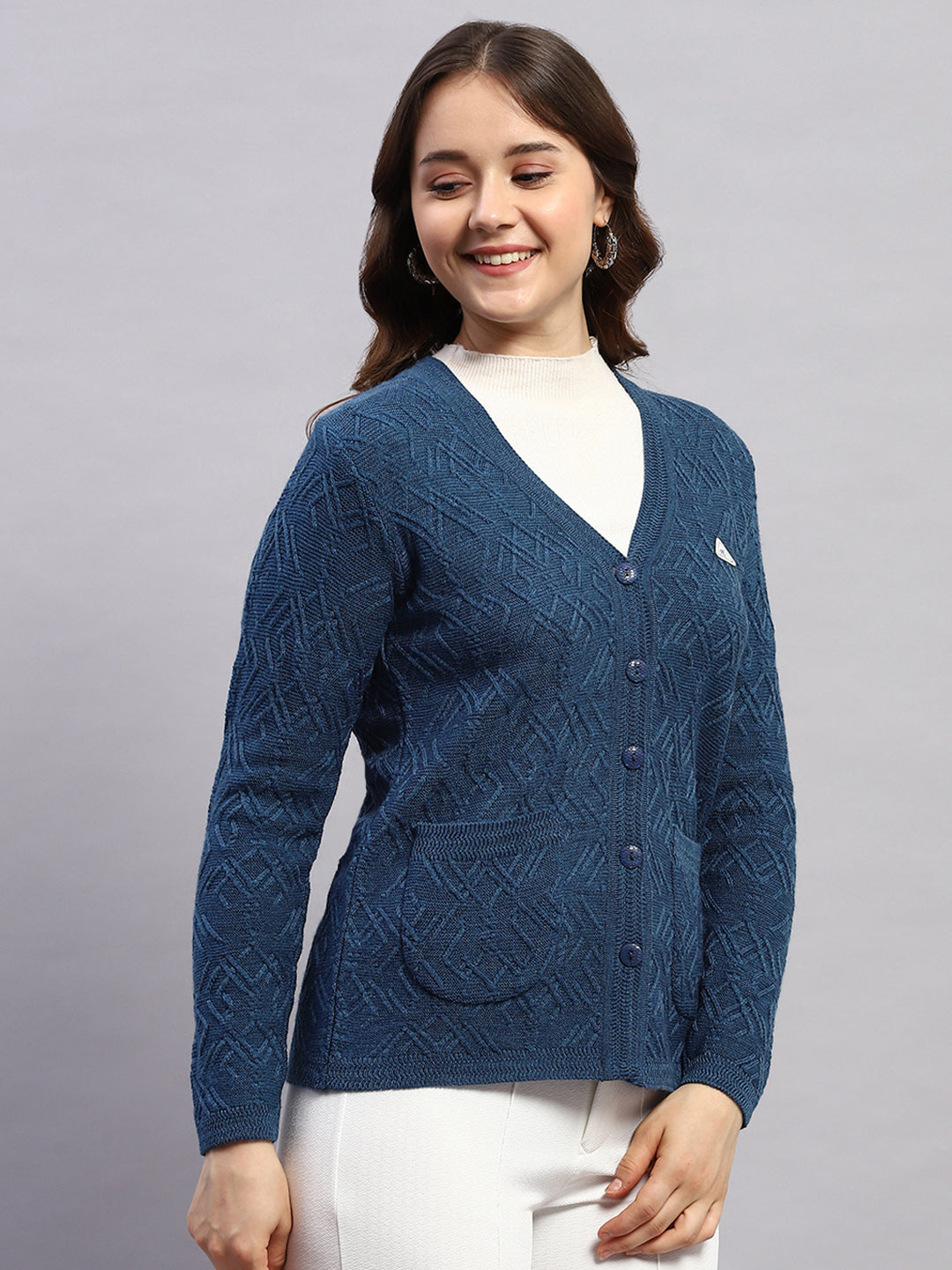 Women Blue Self Design V Neck Full Sleeve Cardigan