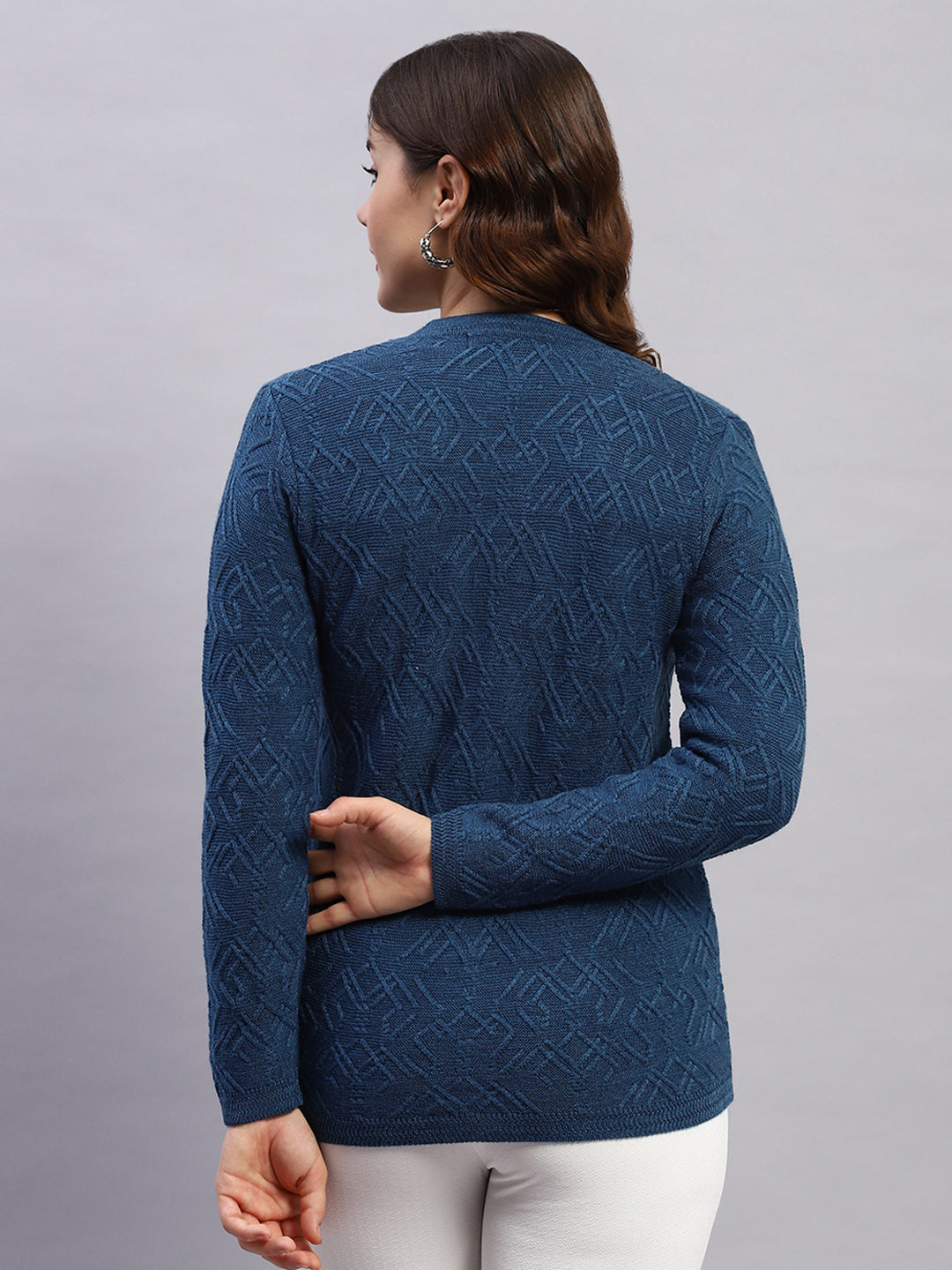 Women Blue Self Design V Neck Full Sleeve Cardigan