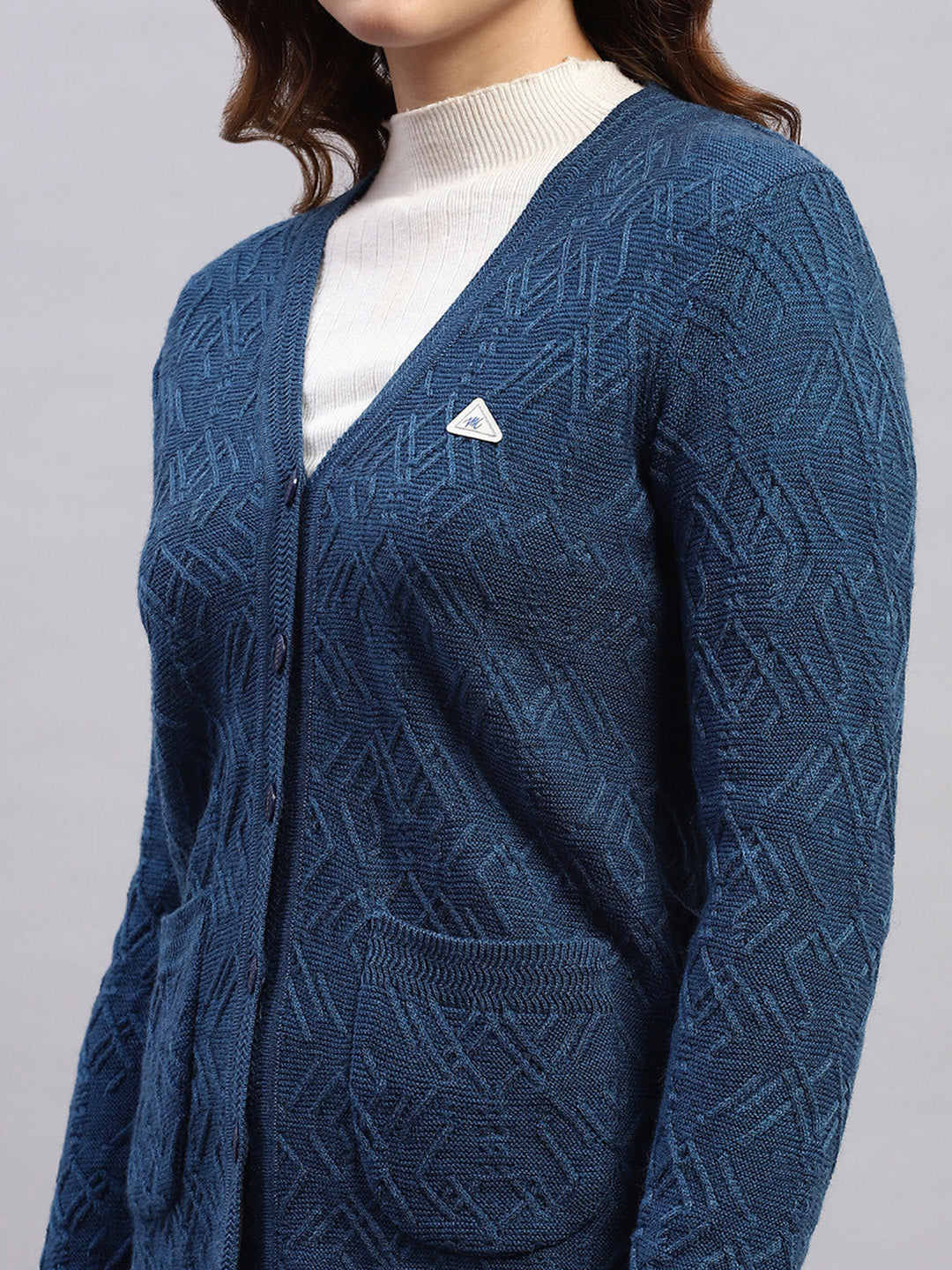 Women Blue Self Design V Neck Full Sleeve Cardigan