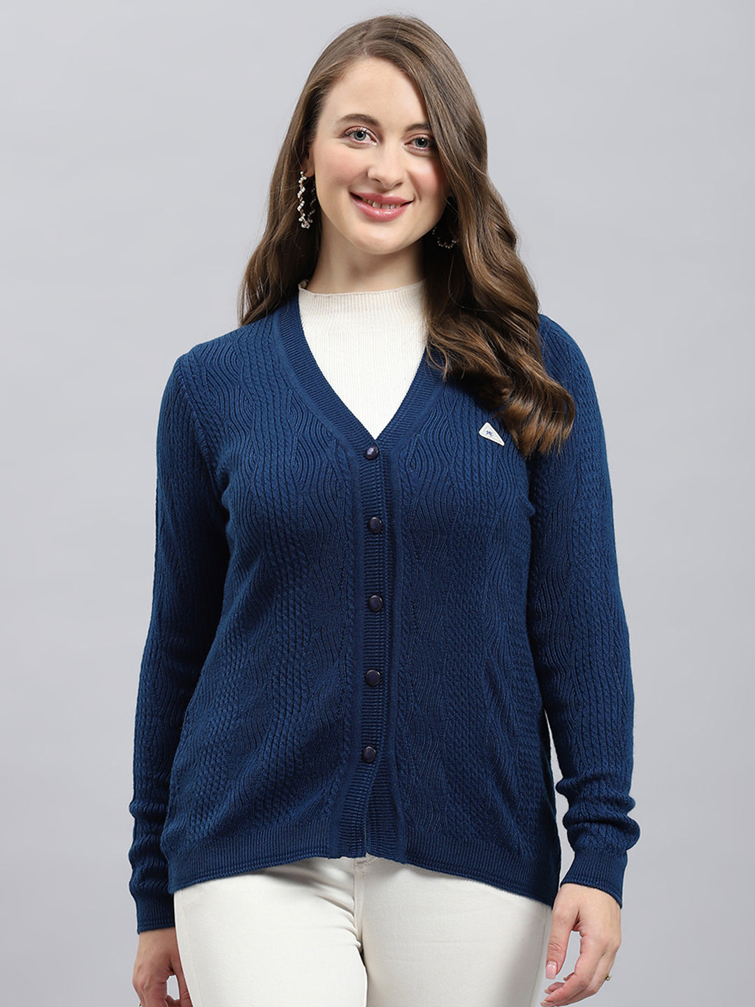 Women Blue Self Design V Neck Full Sleeve Cardigan