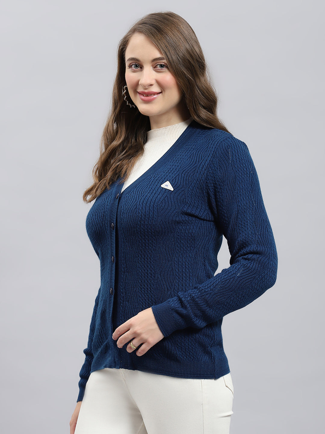 Women Blue Self Design V Neck Full Sleeve Cardigan