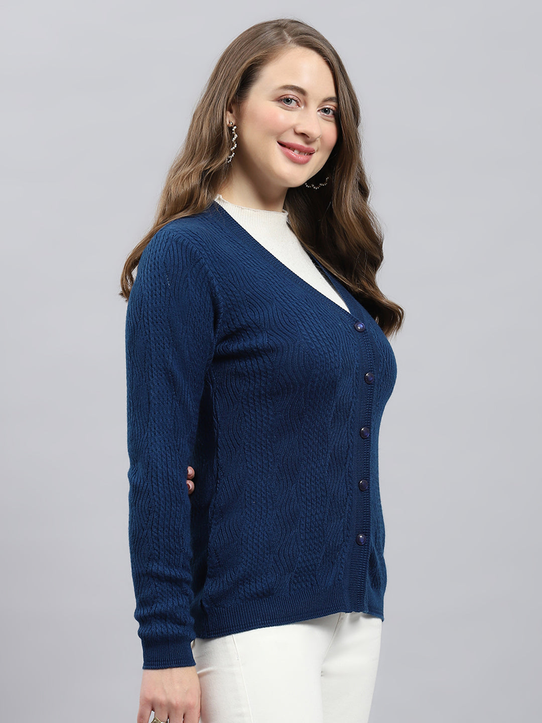 Women Blue Self Design V Neck Full Sleeve Cardigan