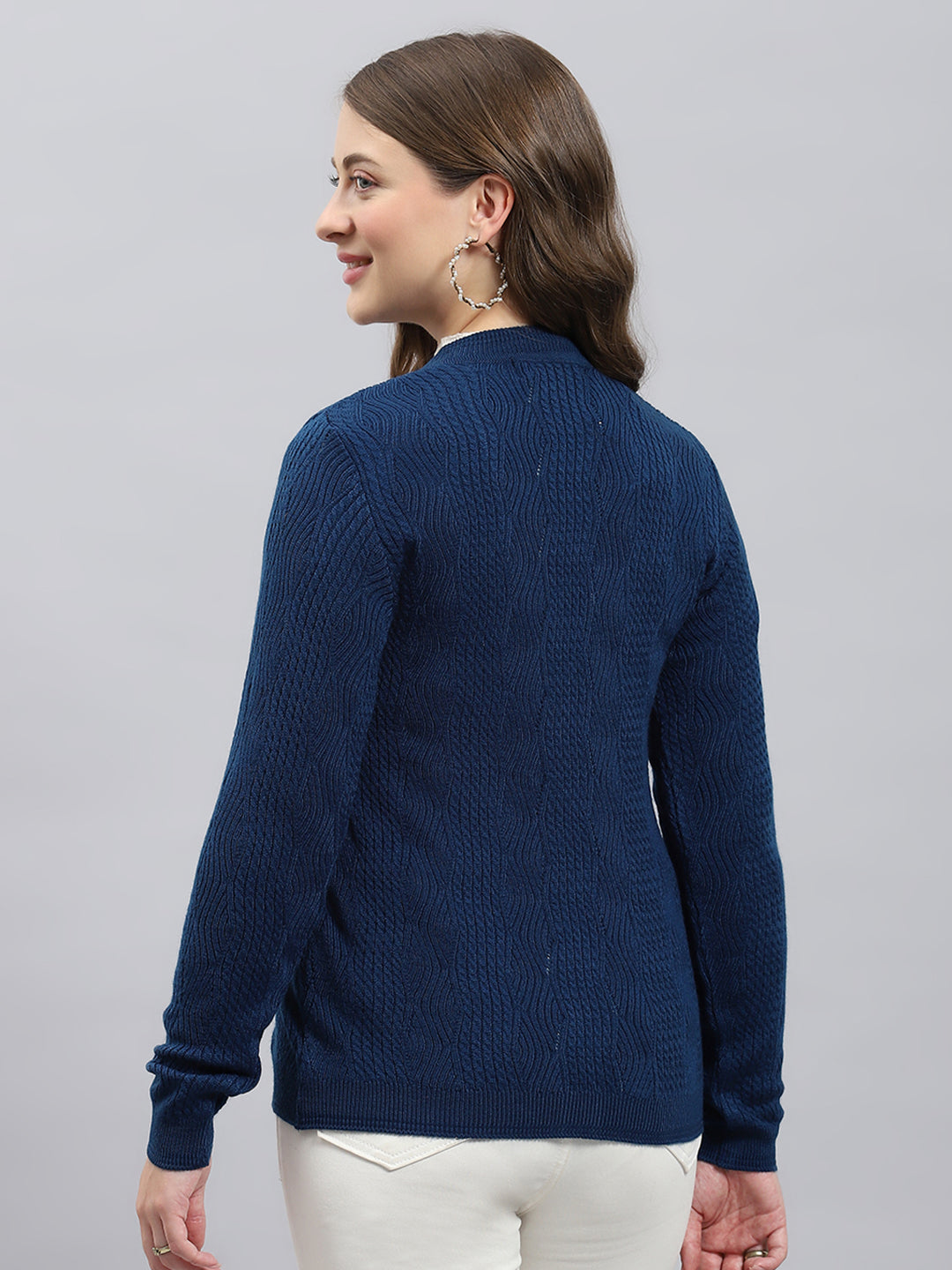 Women Blue Self Design V Neck Full Sleeve Cardigan