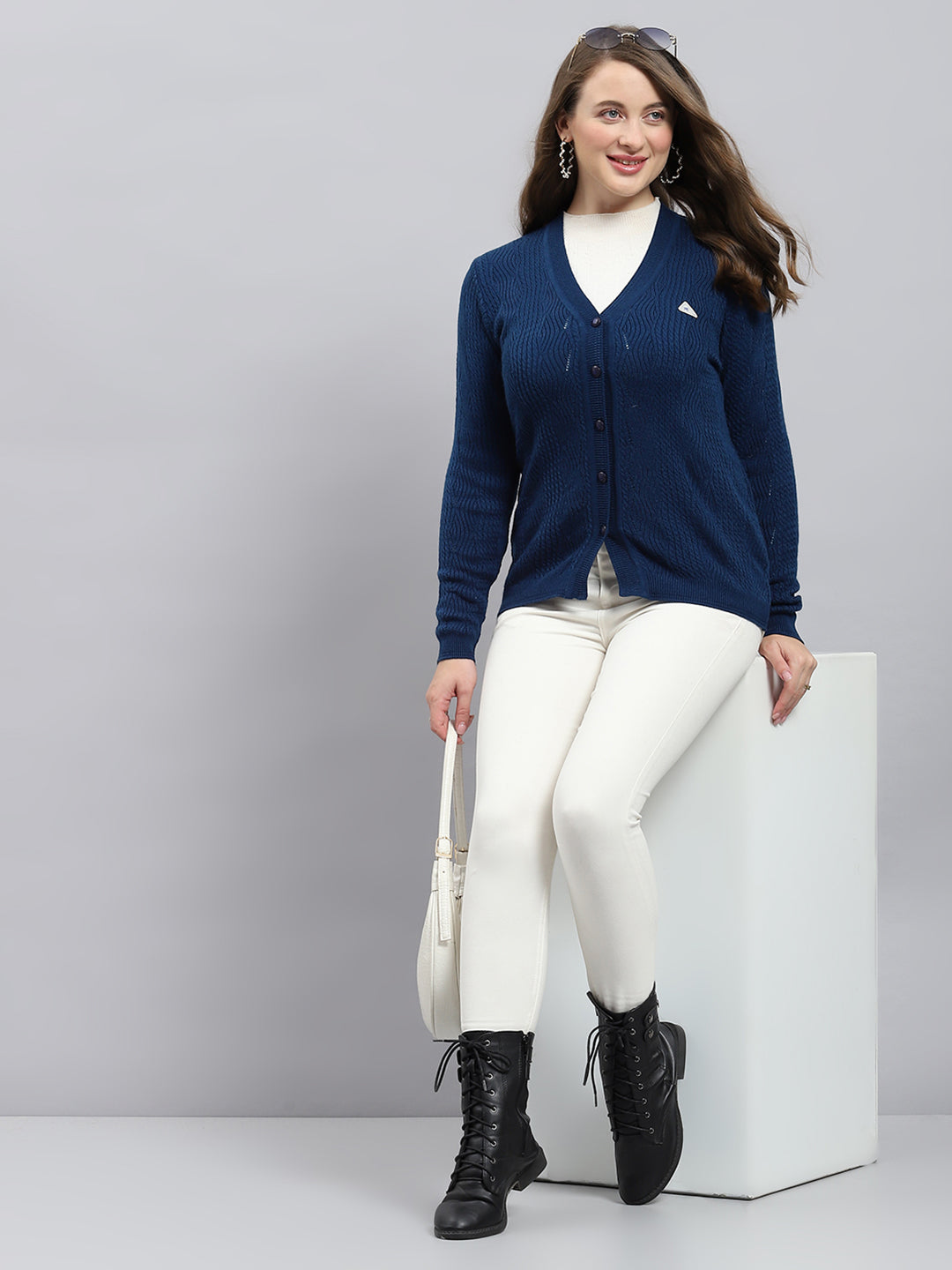 Women Blue Self Design V Neck Full Sleeve Cardigan