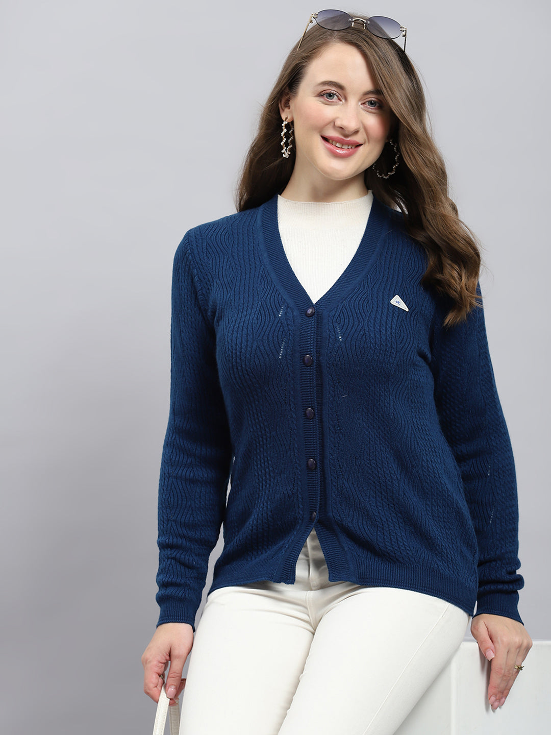 Women Blue Self Design V Neck Full Sleeve Cardigan