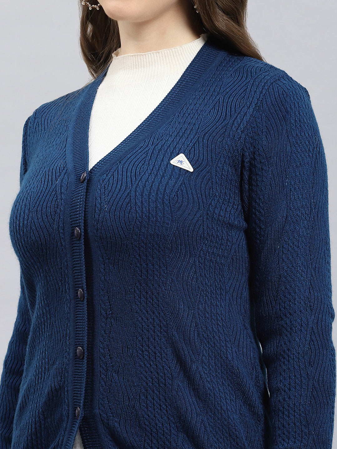 Women Blue Self Design V Neck Full Sleeve Cardigan