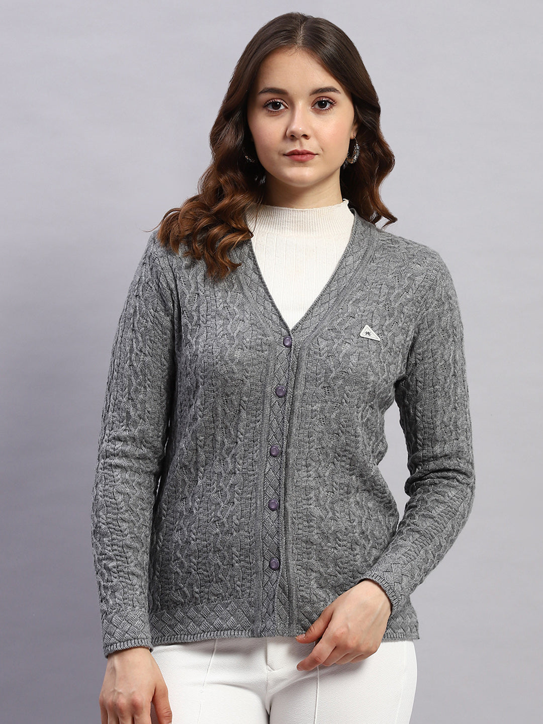 Women Grey Self Design V Neck Full Sleeve Cardigan