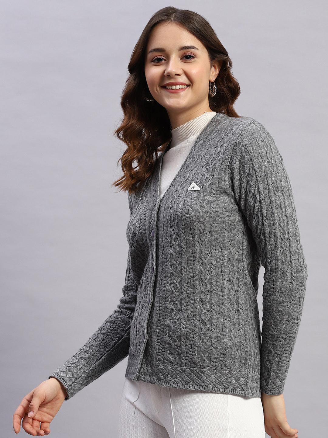 Women Grey Self Design V Neck Full Sleeve Cardigan