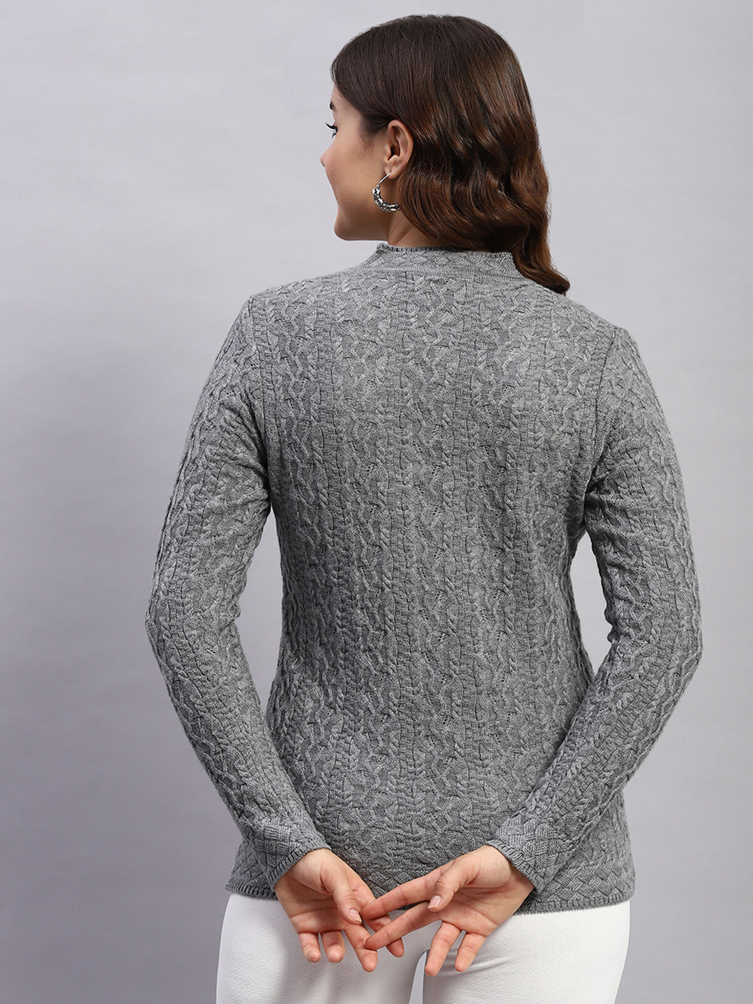 Women Grey Self Design V Neck Full Sleeve Cardigan