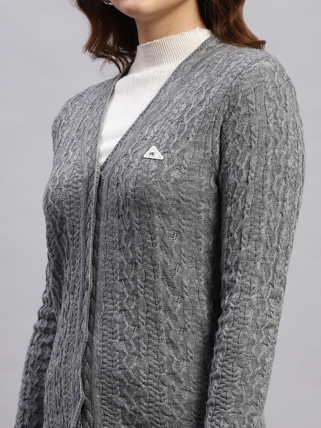 Women Grey Self Design V Neck Full Sleeve Cardigan
