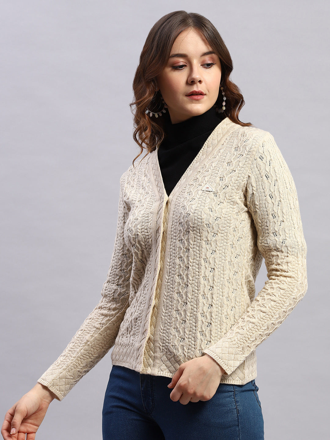Women Beige Self Design V Neck Full Sleeve Cardigan