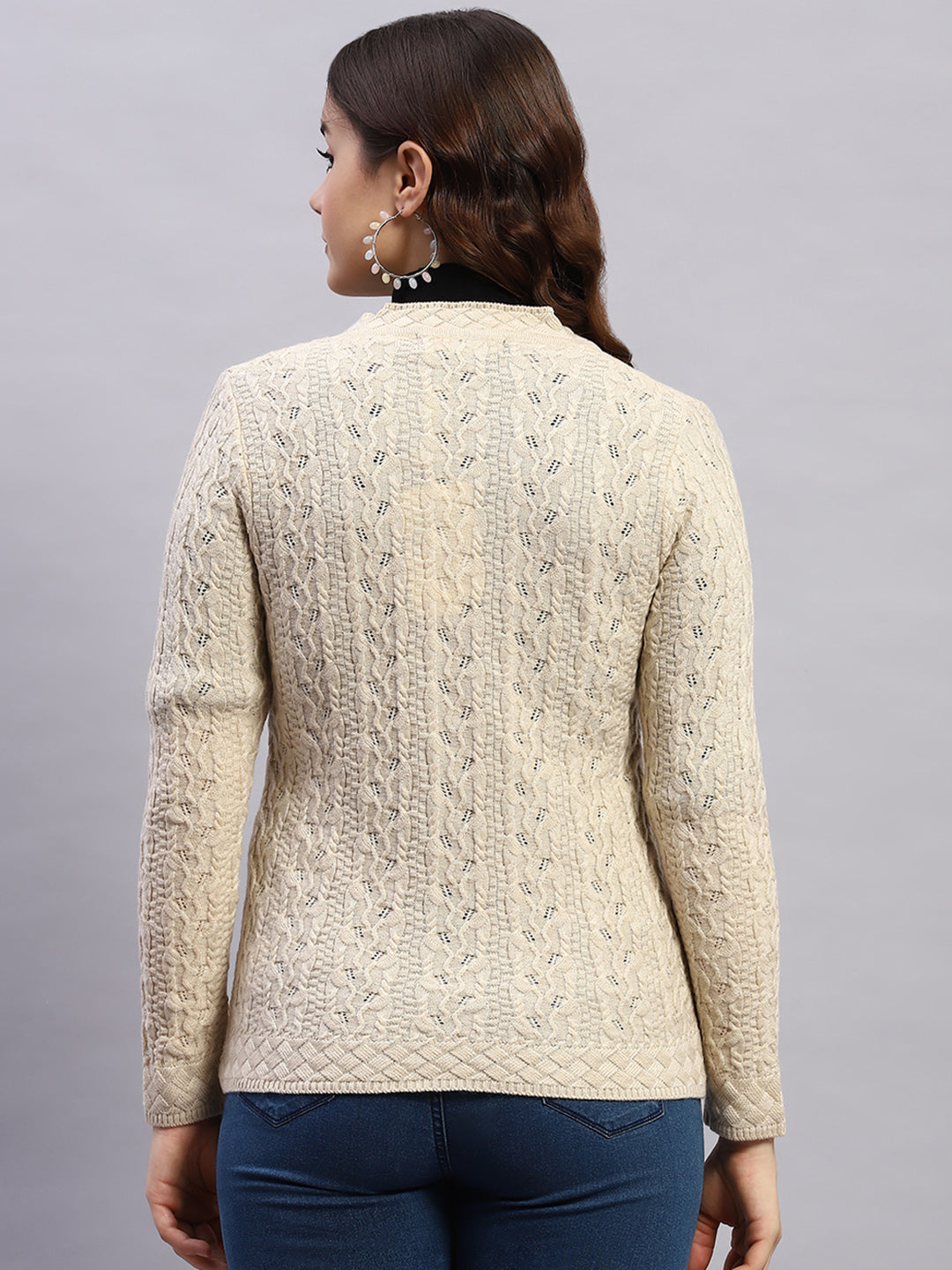 Women Beige Self Design V Neck Full Sleeve Cardigan