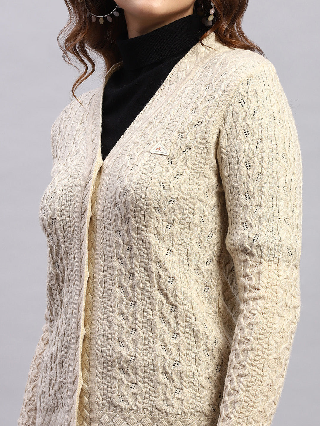 Women Beige Self Design V Neck Full Sleeve Cardigan