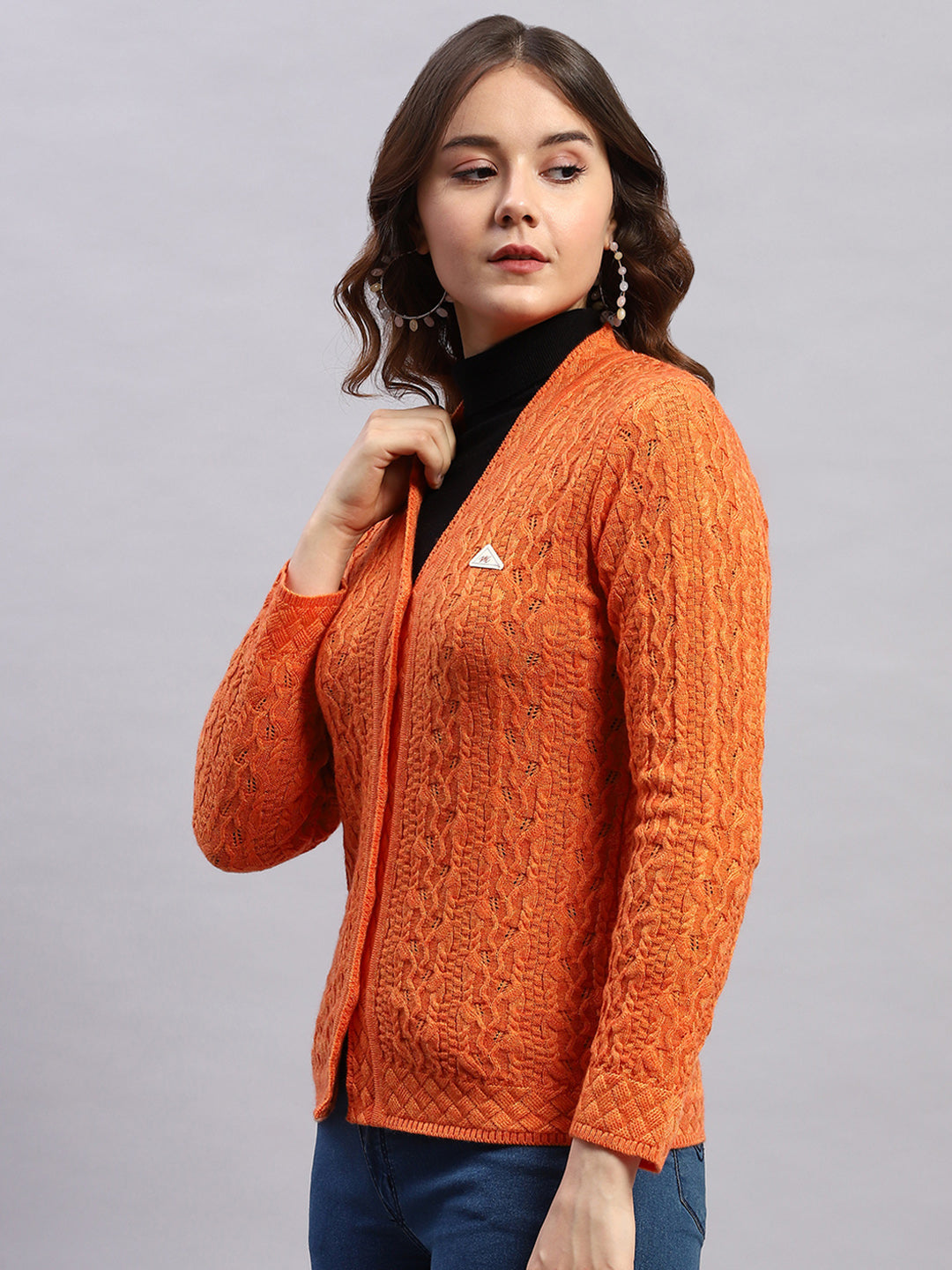 Women Orange Self Design V Neck Full Sleeve Cardigan