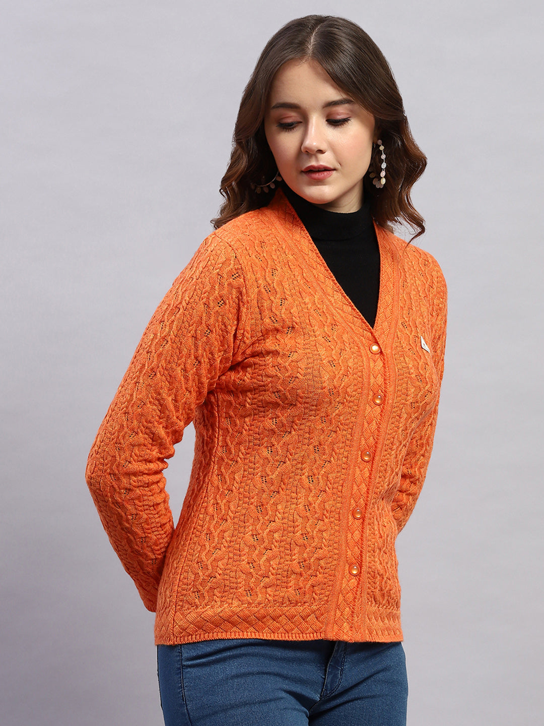 Women Orange Self Design V Neck Full Sleeve Cardigan