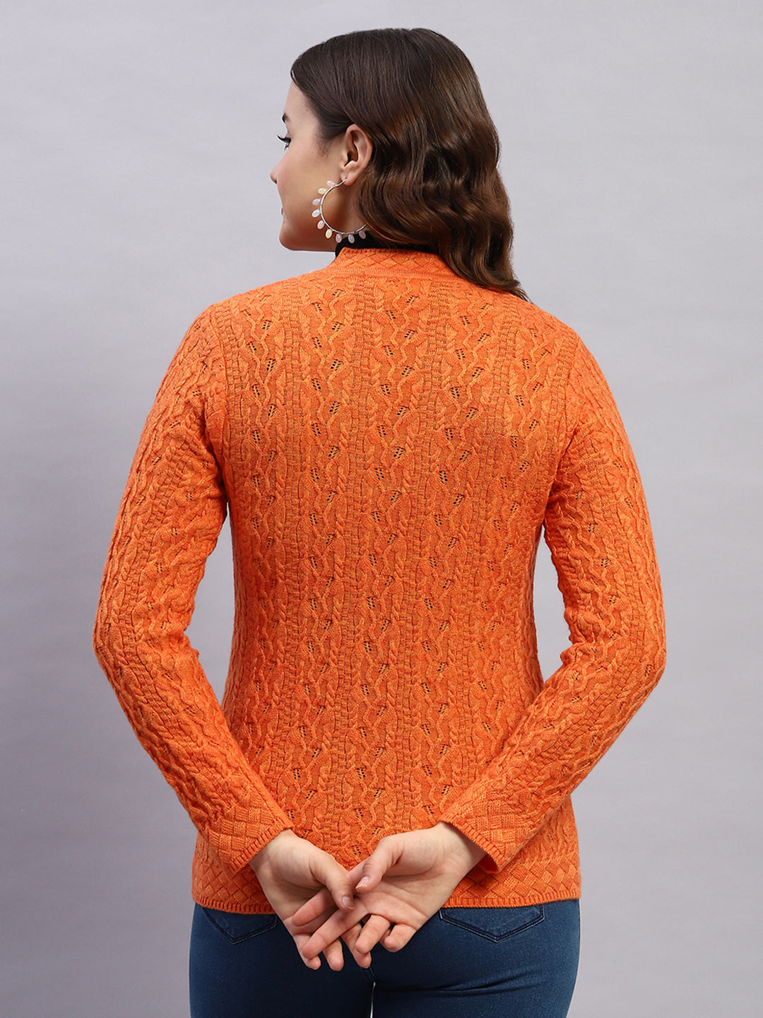 Women Orange Self Design V Neck Full Sleeve Cardigan