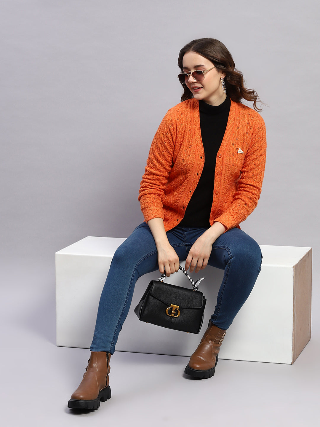 Women Orange Self Design V Neck Full Sleeve Cardigan