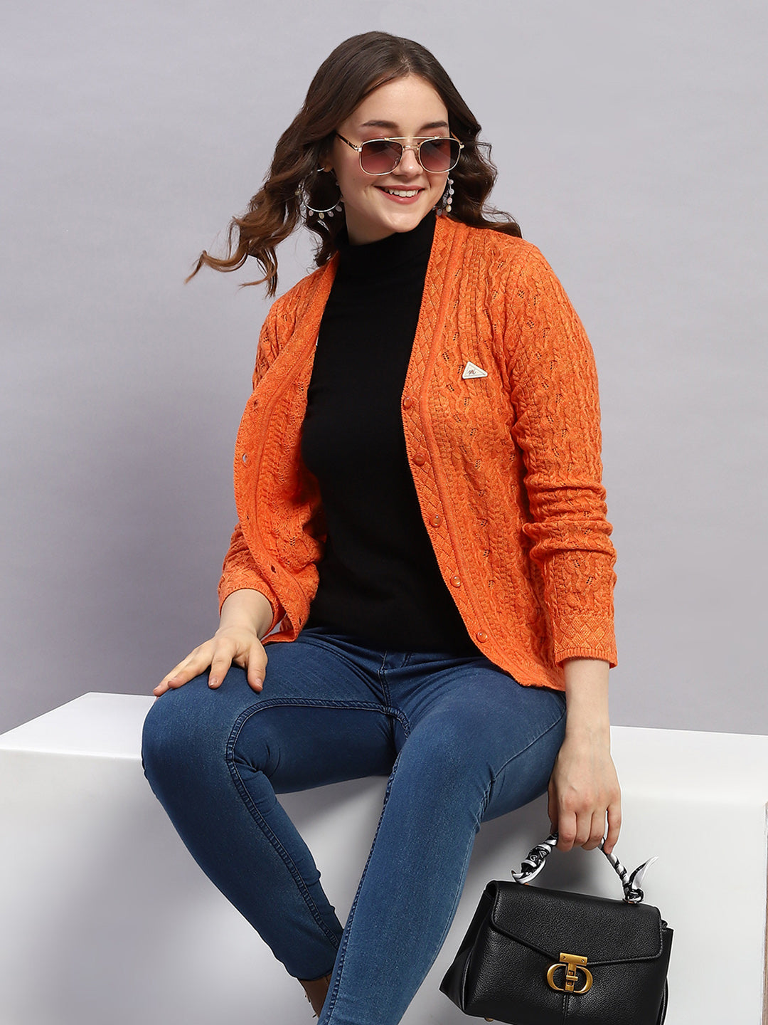 Women Orange Self Design V Neck Full Sleeve Cardigan