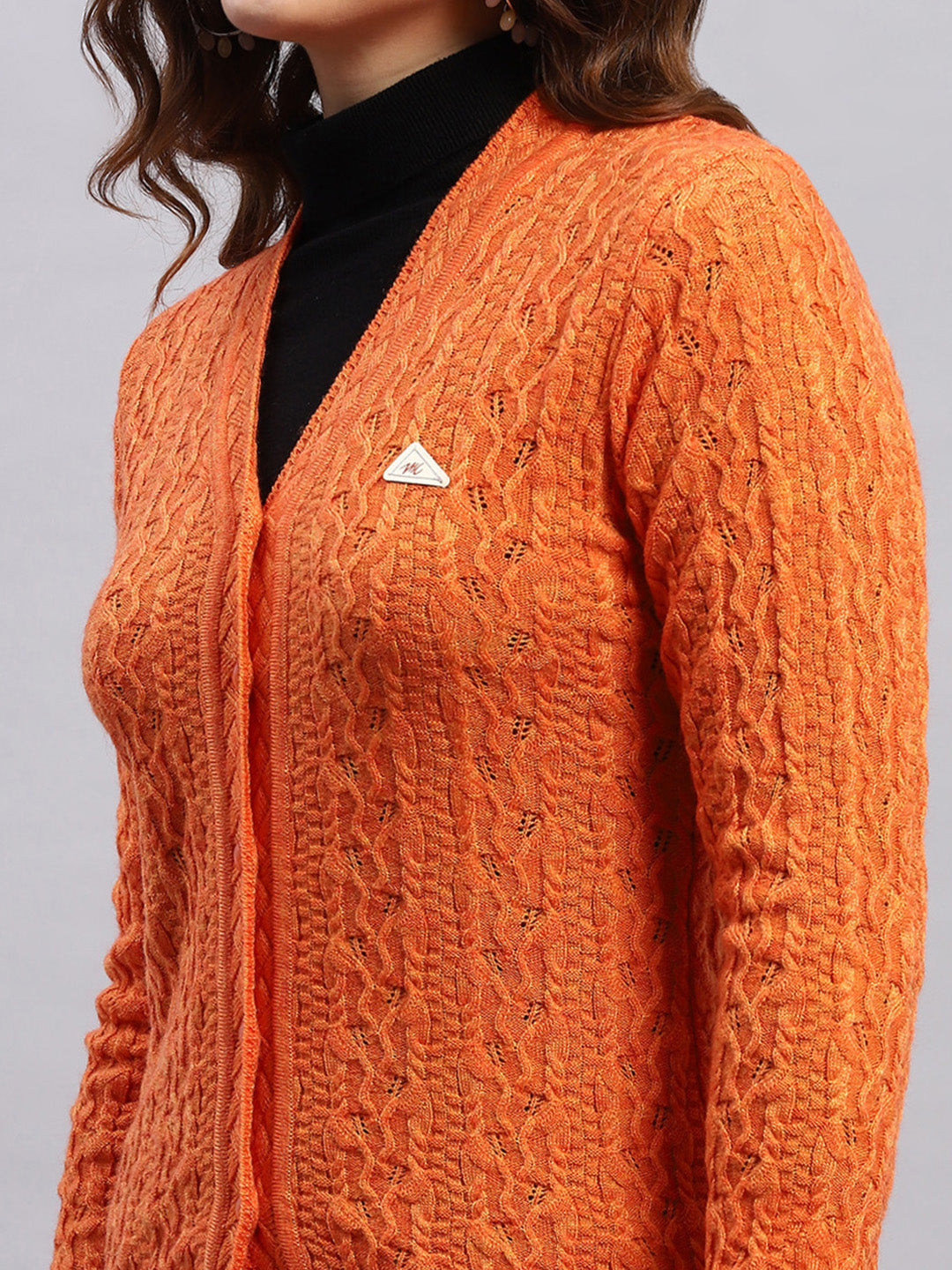 Women Orange Self Design V Neck Full Sleeve Cardigan