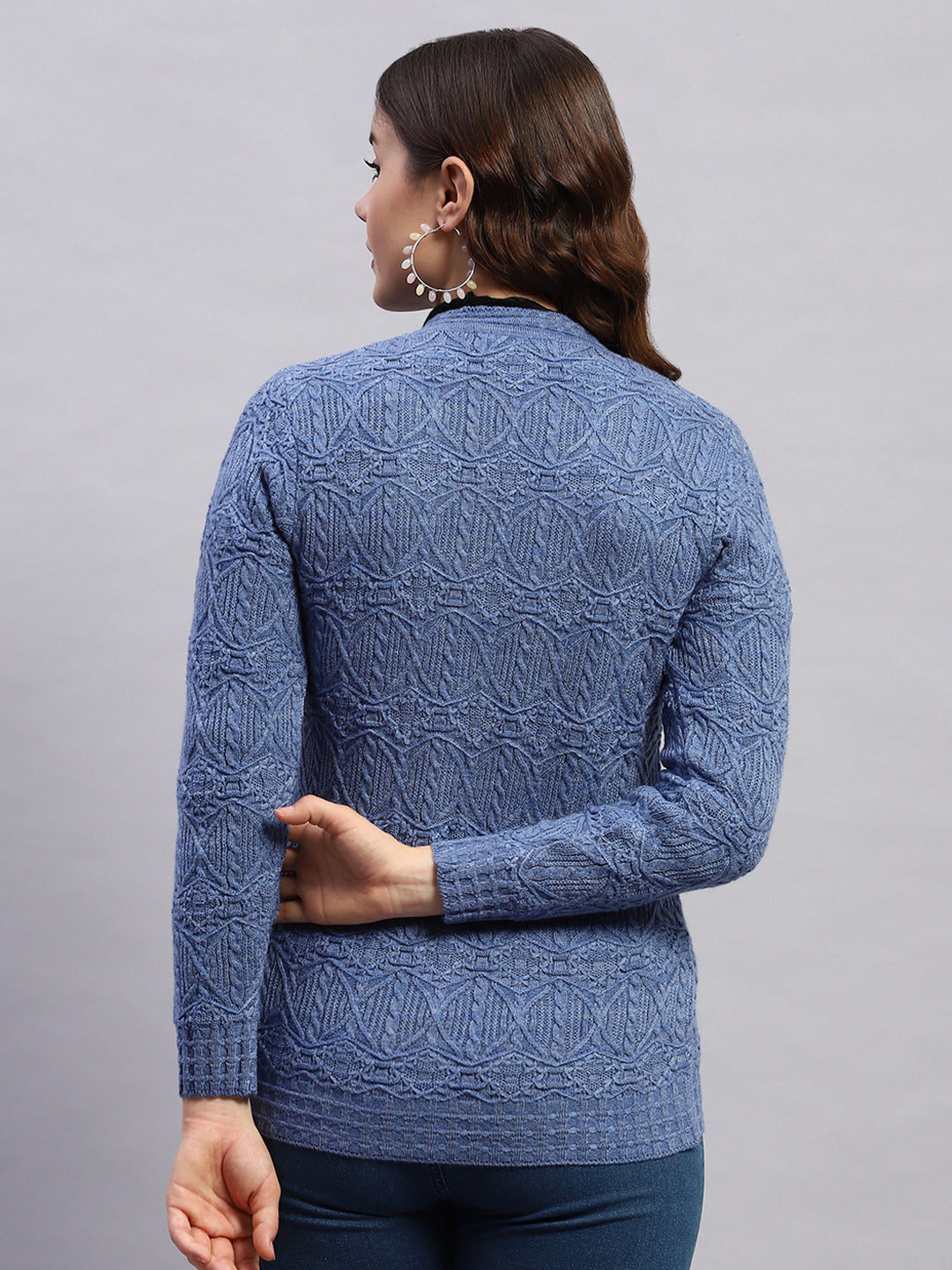 Women Blue Self Design V Neck Full Sleeve Cardigan