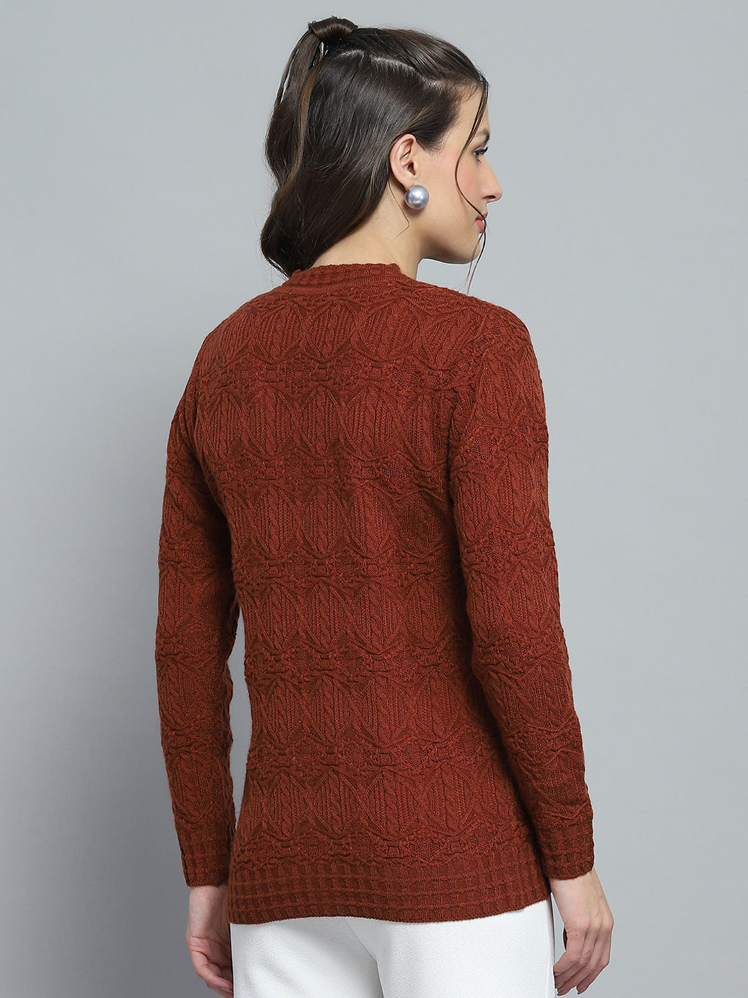 Women Rust Self Design V Neck Full Sleeve Cardigan