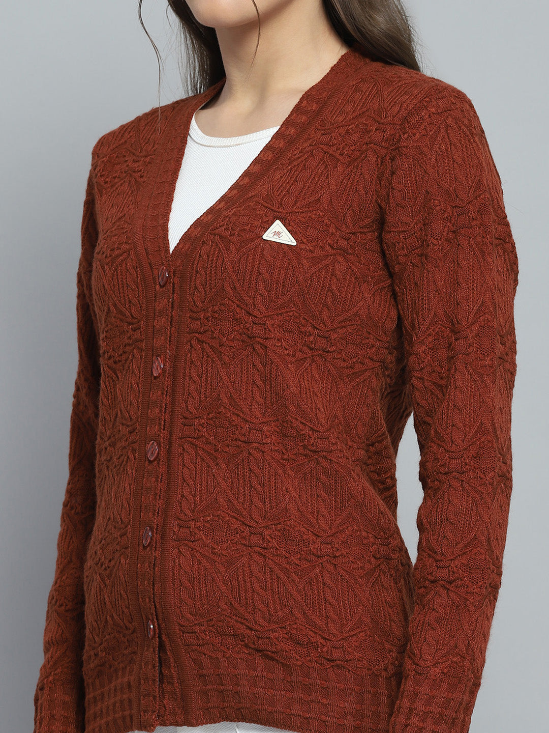 Women Rust Self Design V Neck Full Sleeve Cardigan