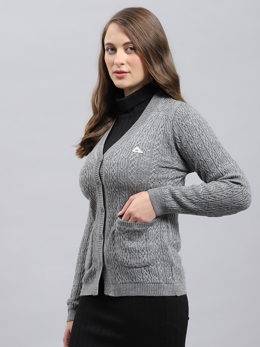 Women Grey Self Design V Neck Full Sleeve Cardigan