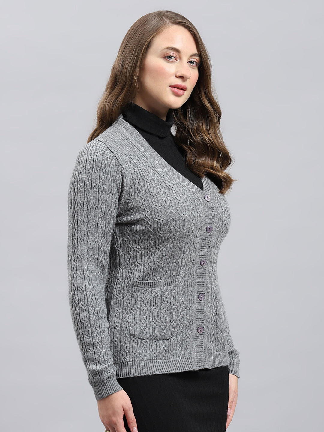 Women Grey Self Design V Neck Full Sleeve Cardigan