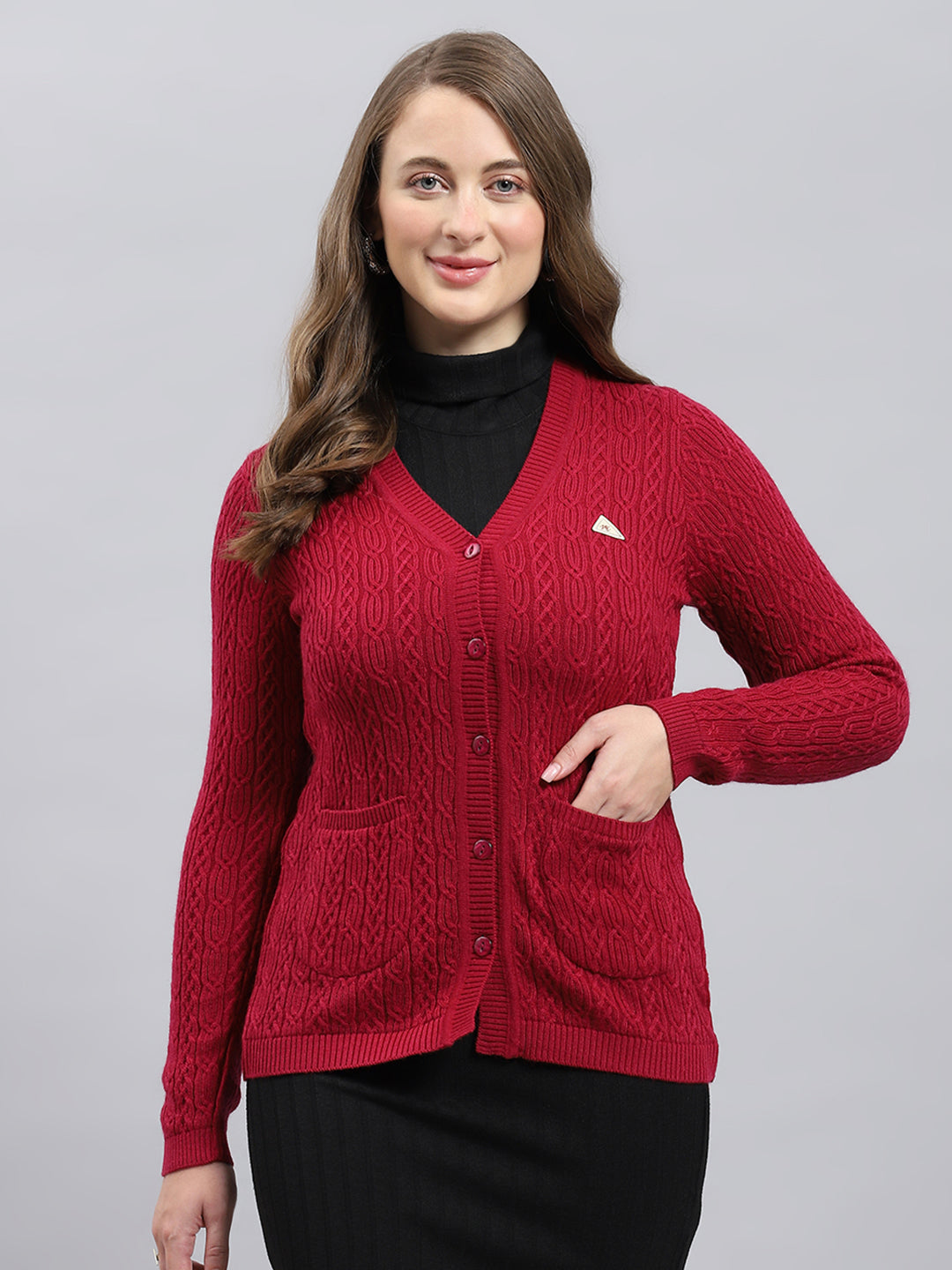 Women Maroon Self Design V Neck Full Sleeve Cardigan