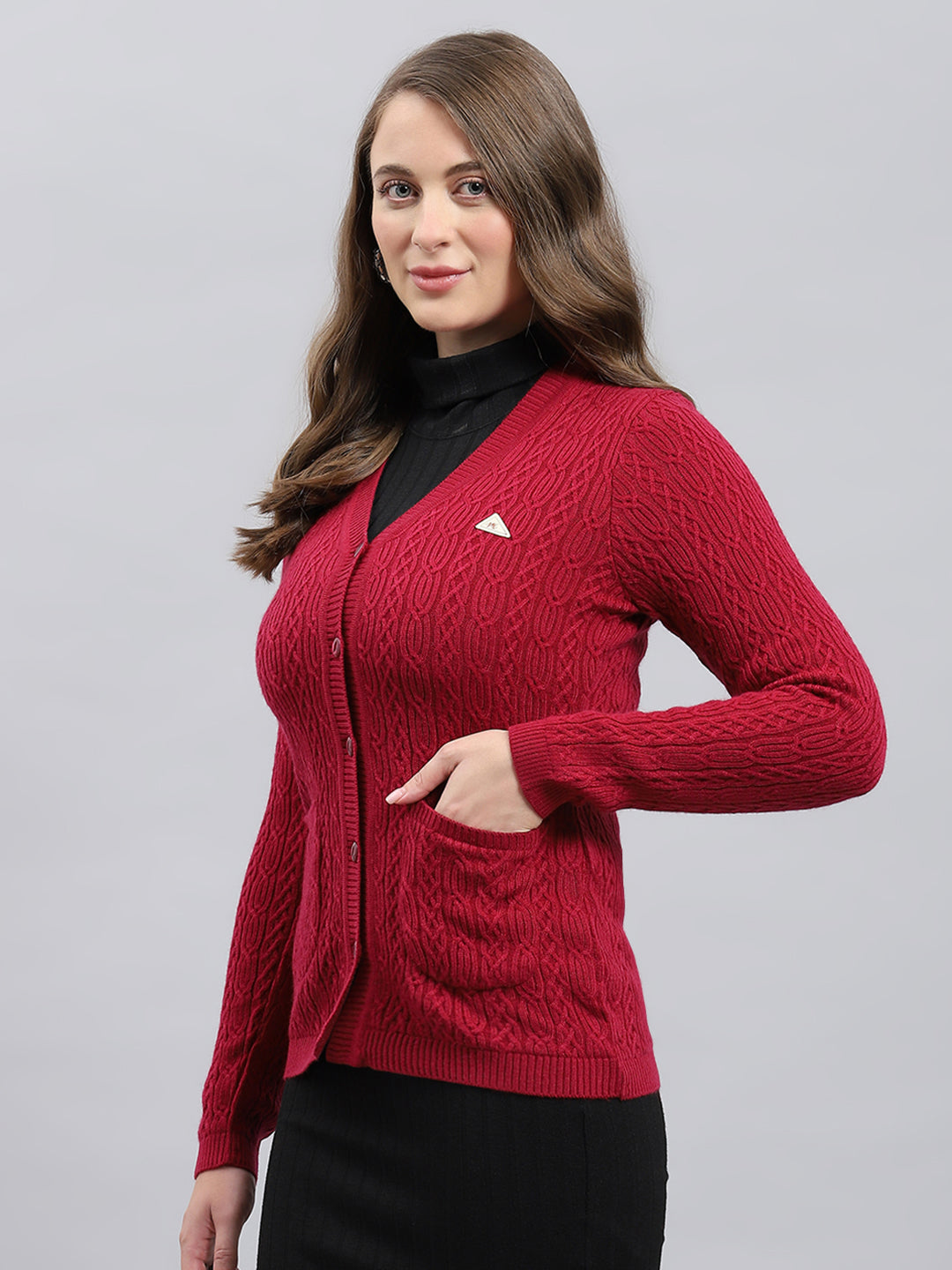 Women Maroon Self Design V Neck Full Sleeve Cardigan