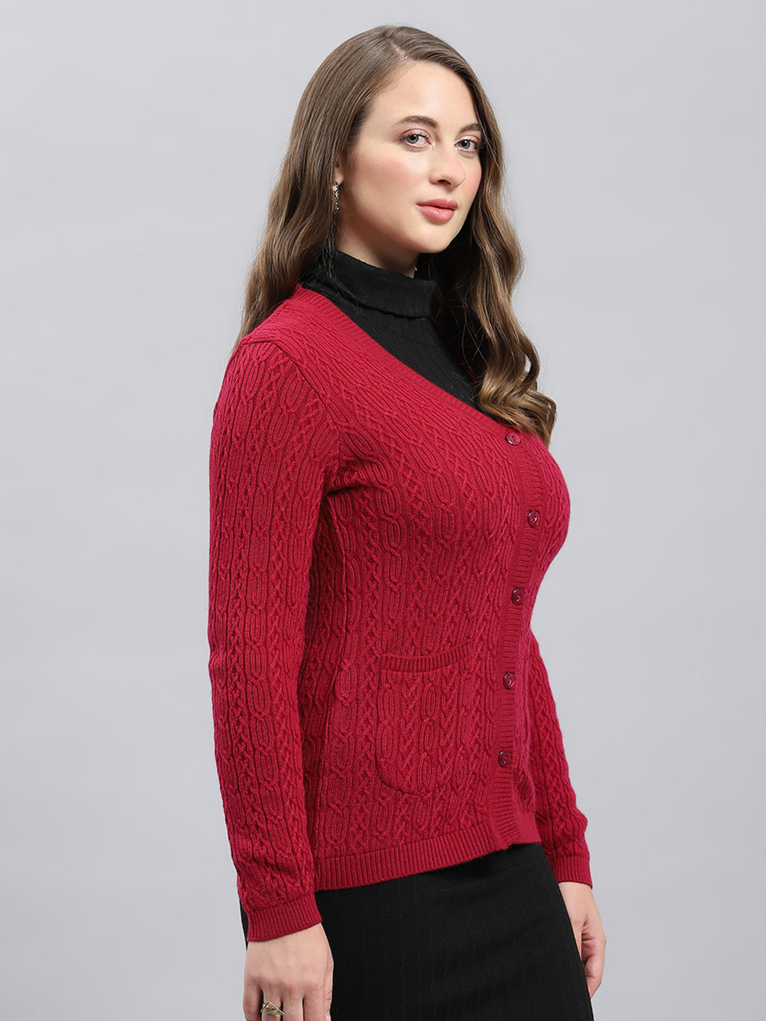 Women Maroon Self Design V Neck Full Sleeve Cardigan