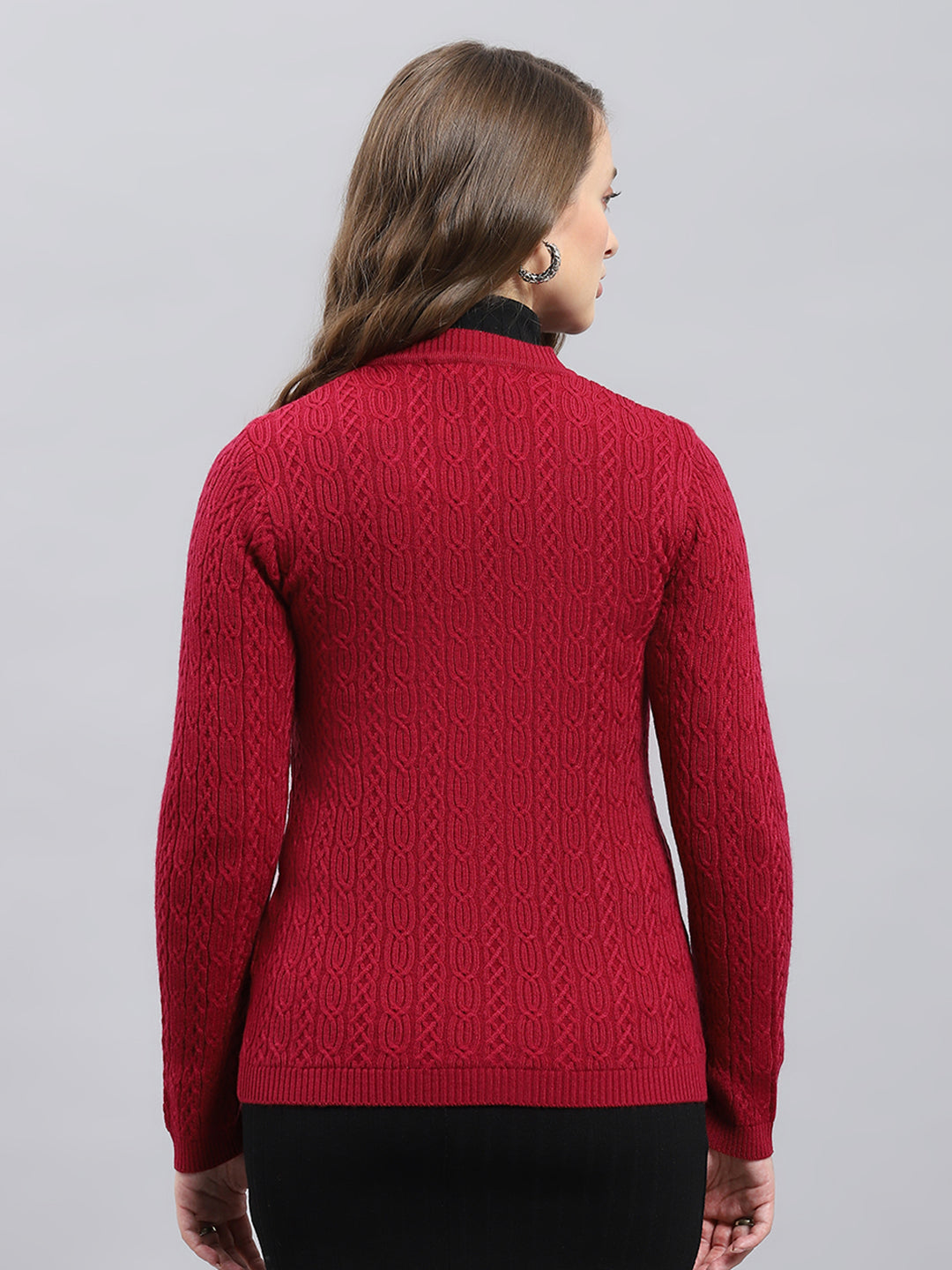 Women Maroon Self Design V Neck Full Sleeve Cardigan