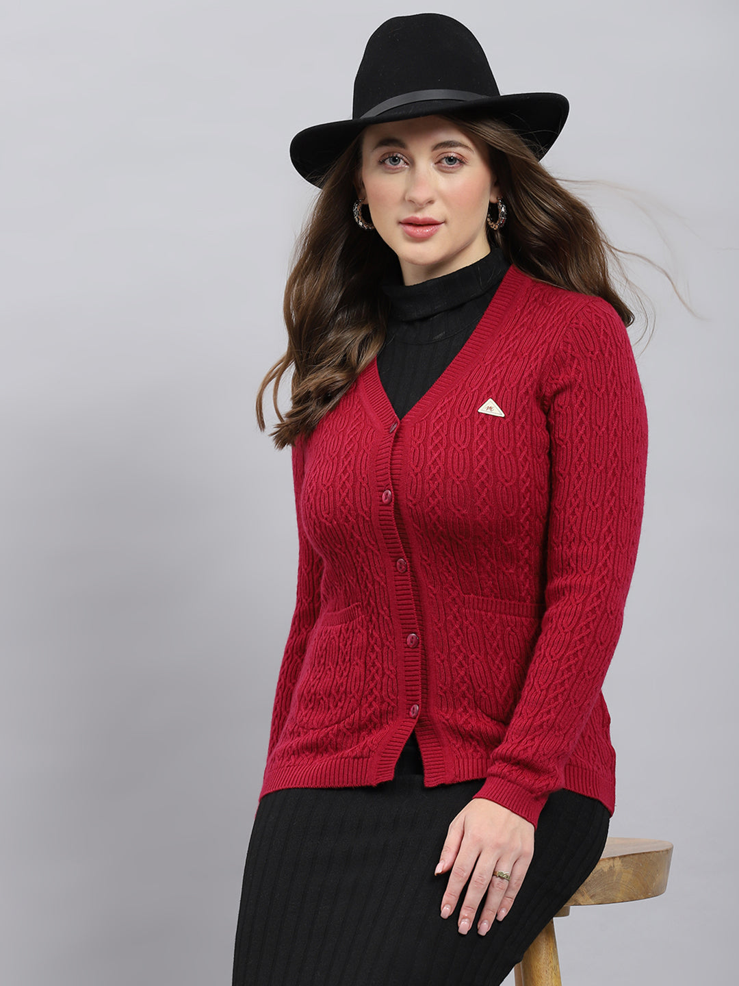 Women Maroon Self Design V Neck Full Sleeve Cardigan