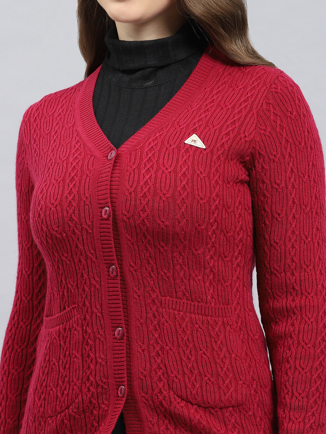 Women Maroon Self Design V Neck Full Sleeve Cardigan