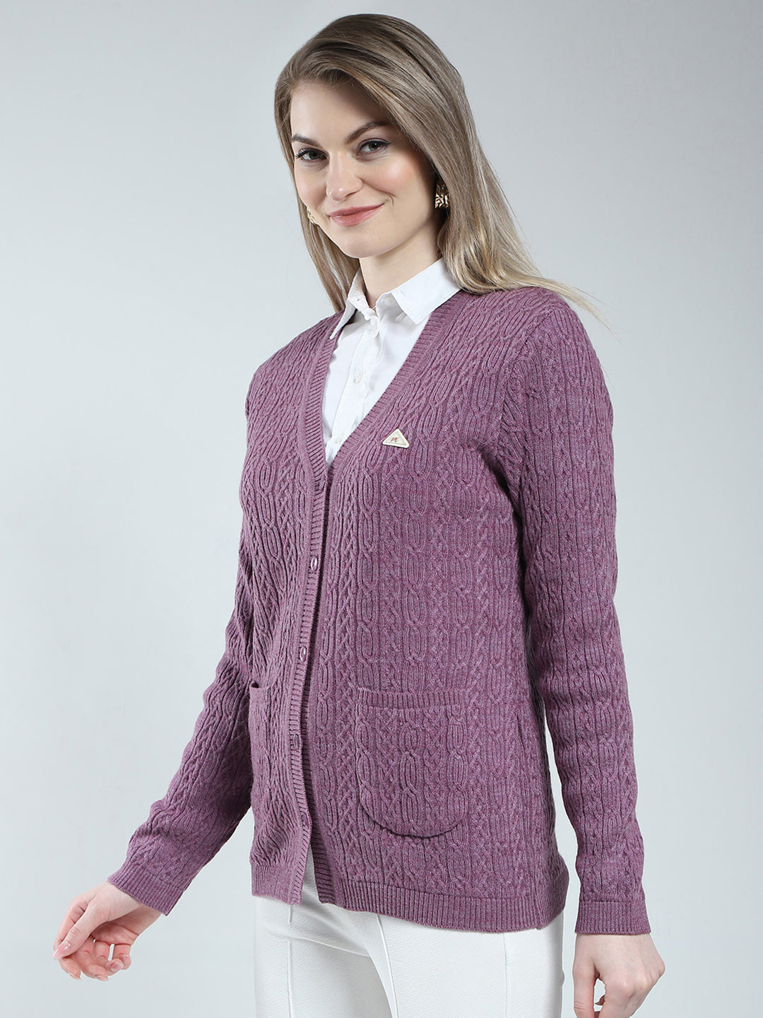 Women Purple Self Design V Neck Full Sleeve Cardigan