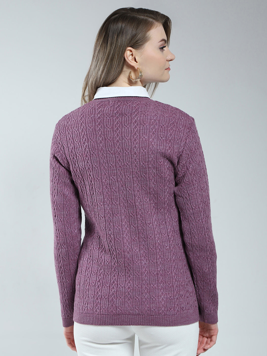 Women Purple Self Design V Neck Full Sleeve Cardigan