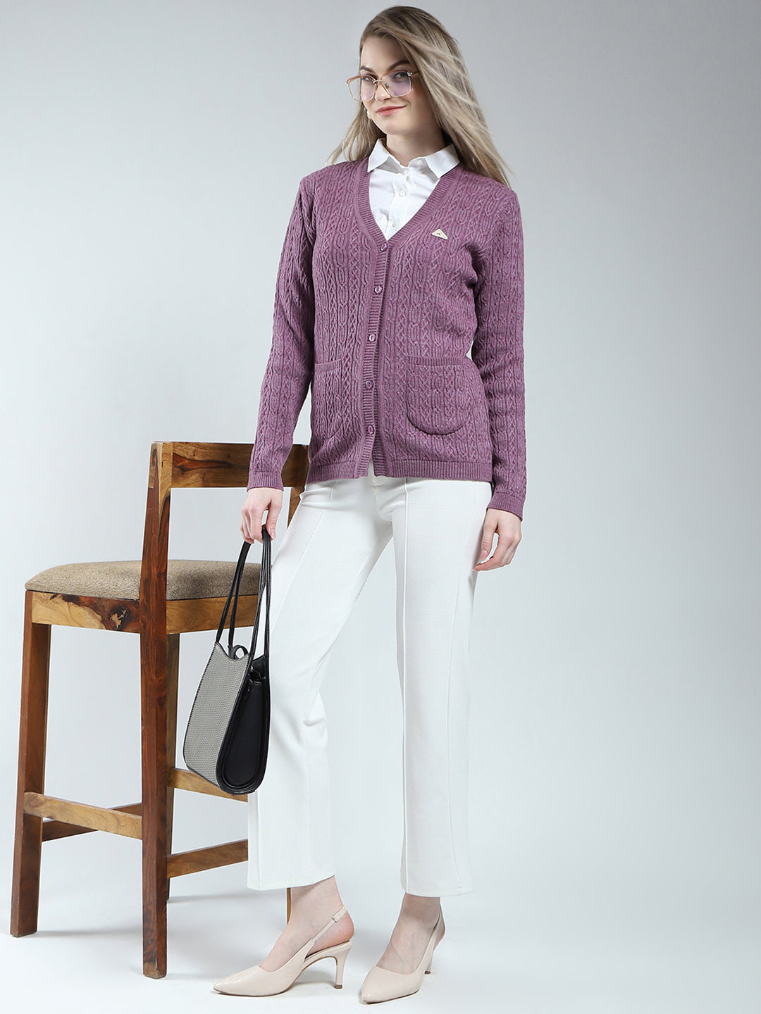 Women Purple Self Design V Neck Full Sleeve Cardigan