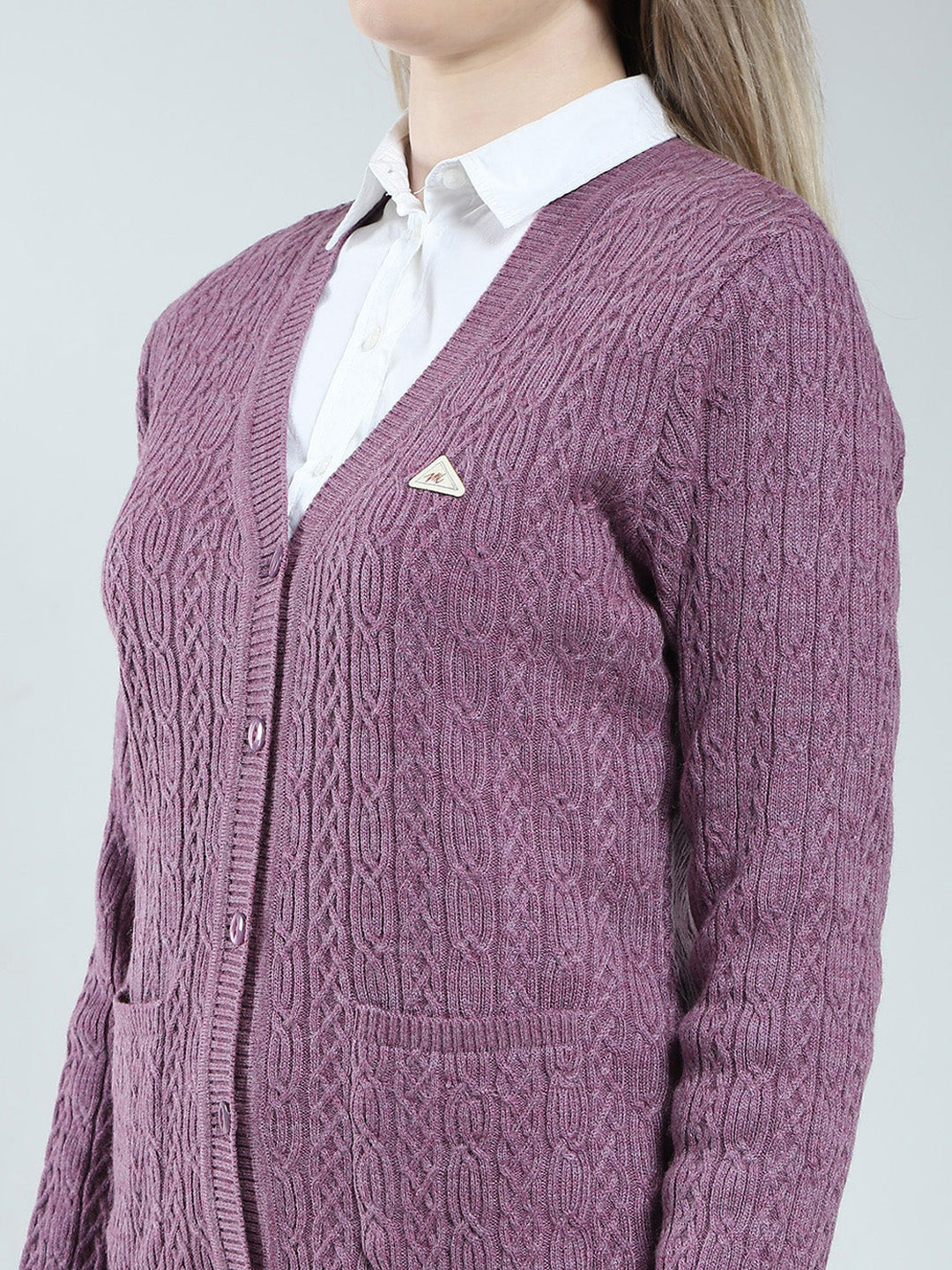 Women Purple Self Design V Neck Full Sleeve Cardigan