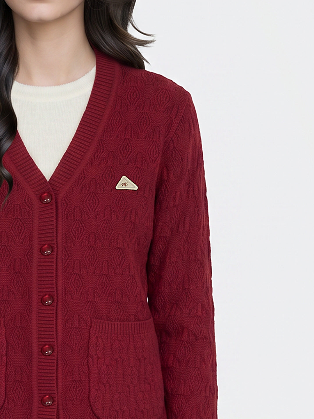 Women Red Self Design V Neck Full Sleeve Cardigan