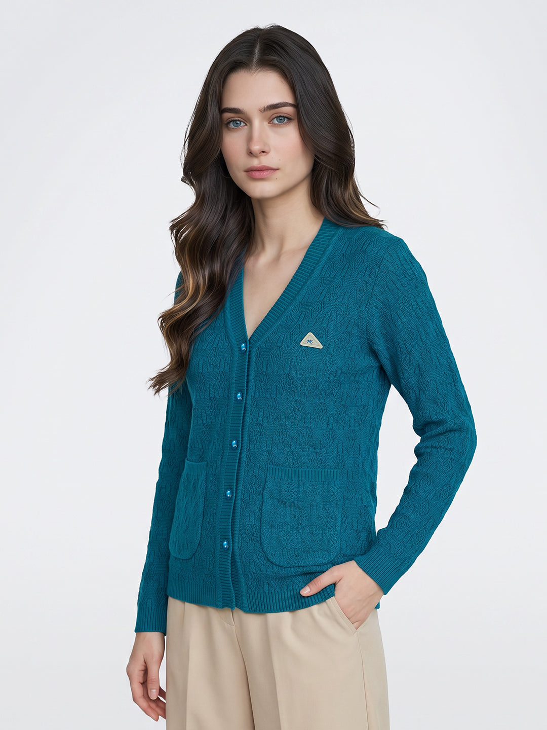 Women Teal Blue Self Design V Neck Full Sleeve Cardigan
