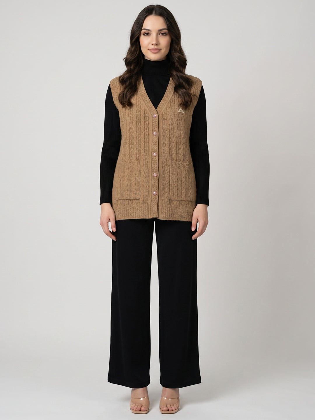 Women Camel Brown Self Design V Neck Sleeveless Cardigan